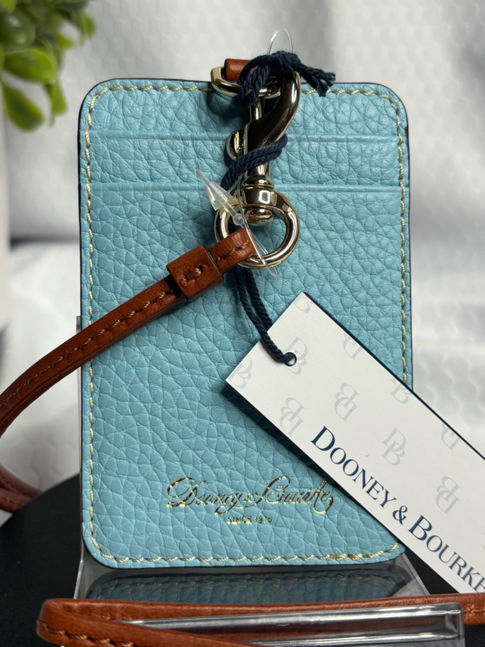 Dooney & Bourke Sky Blue Pebble Leather Lanyard Card Holder